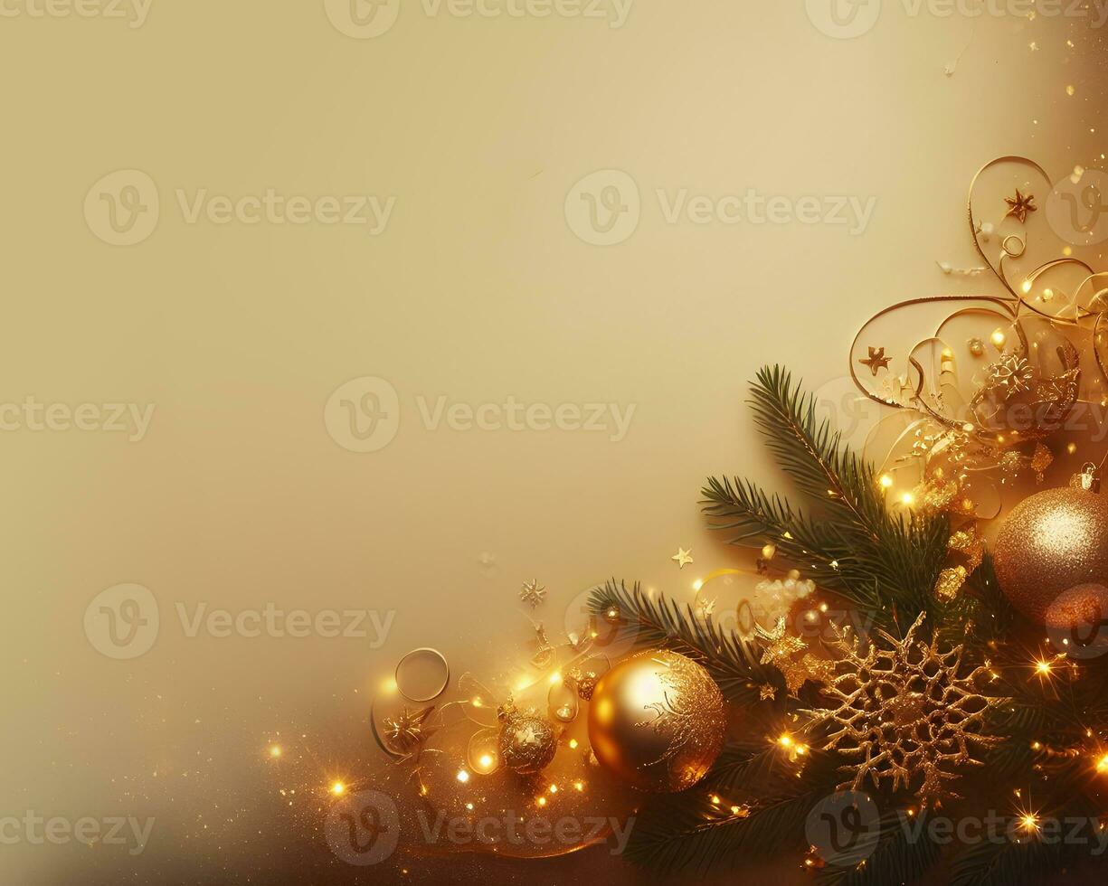 Golden christmas background with fir tree, golden balls, gift boxes and decorations. AI Generative photo