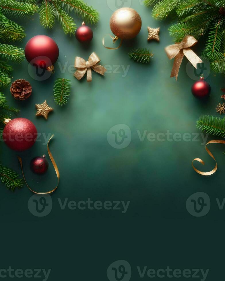 Christmas decorations on green background, christmas greetings mockup. AI Generative photo