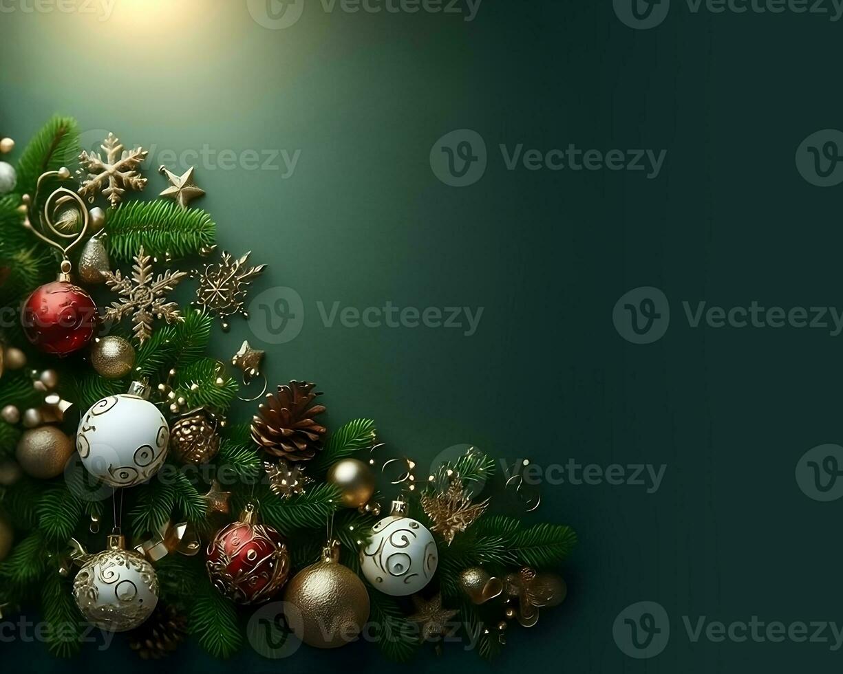 Christmas decorations on green background, christmas greetings mockup. AI Generative photo