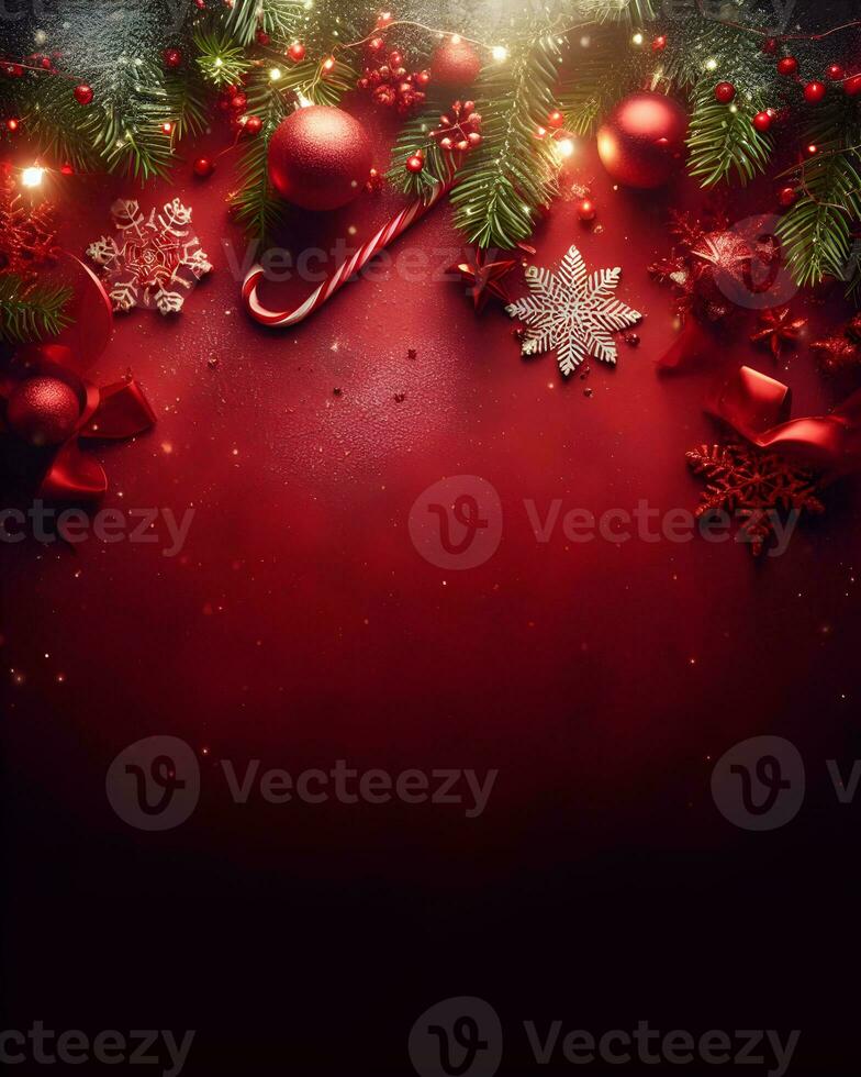 Christmas decorations on red background, christmas greetings mockup. AI Generative photo