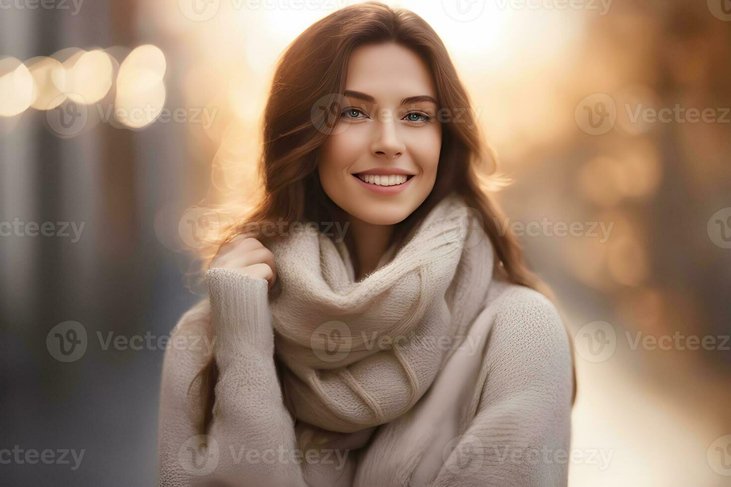imagen de mujer en Marfil suéter en pie exterior. ai generativo foto