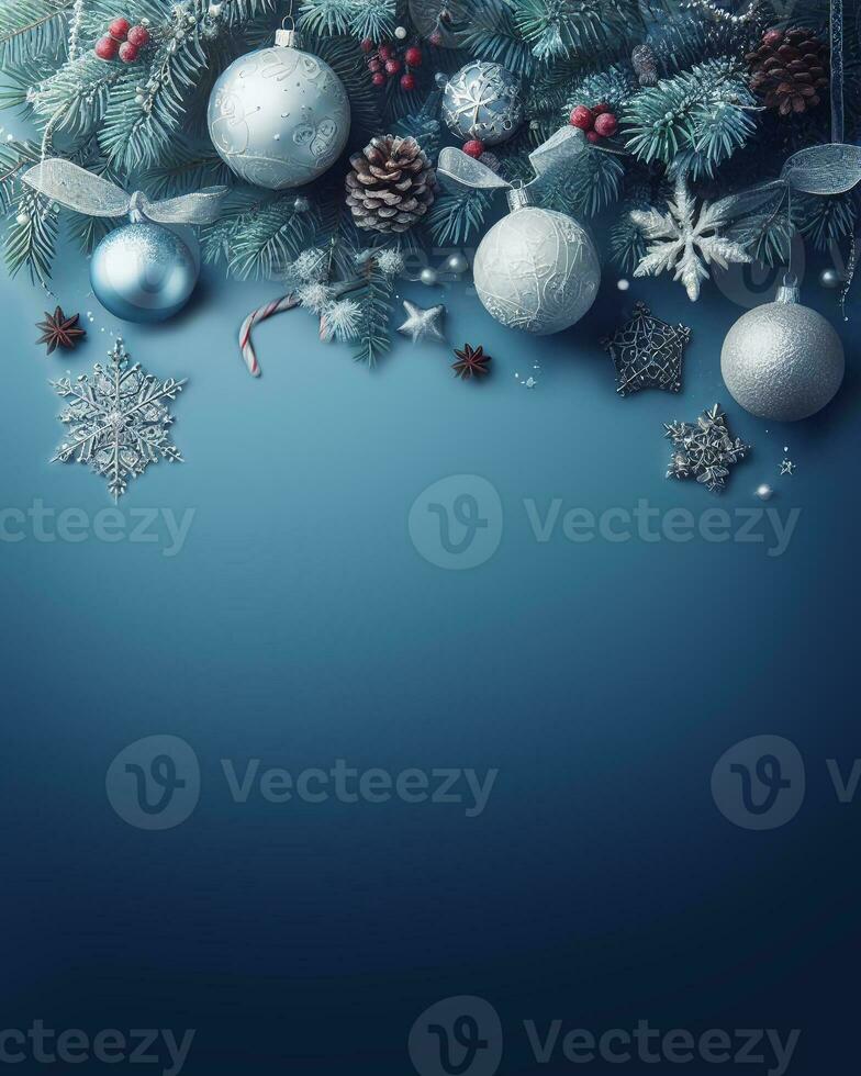 Blue christmas background with balls and fir branch, decorations and snowflakes, christmas greetings mockup. AI Generative photo