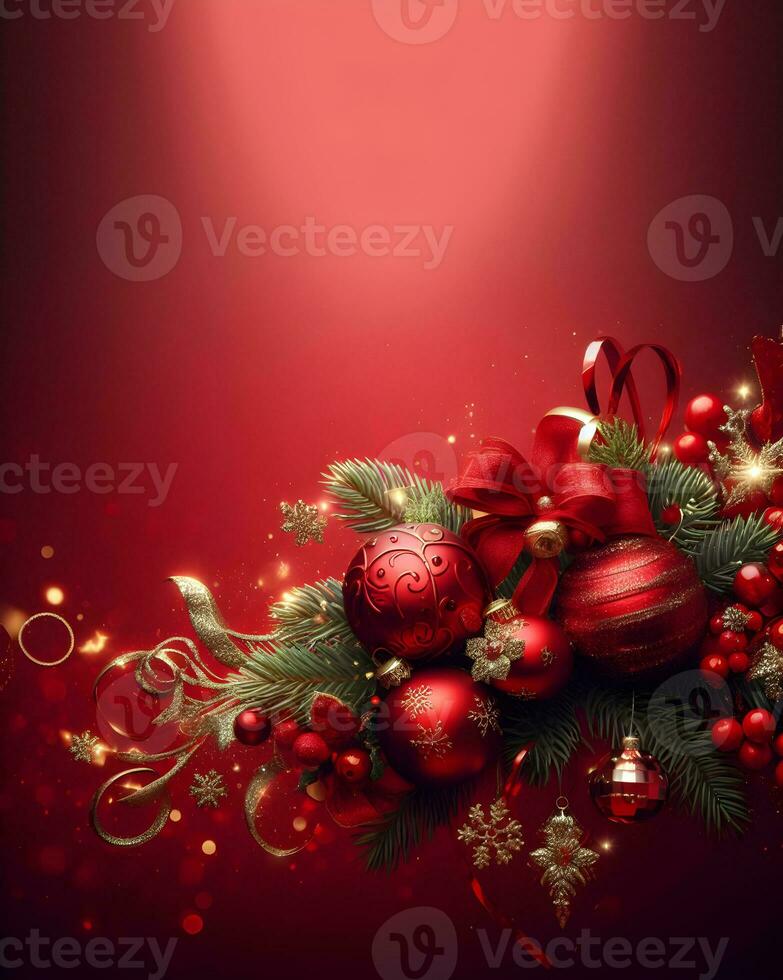 Christmas decorations on red background, christmas greetings mockup. AI Generative photo