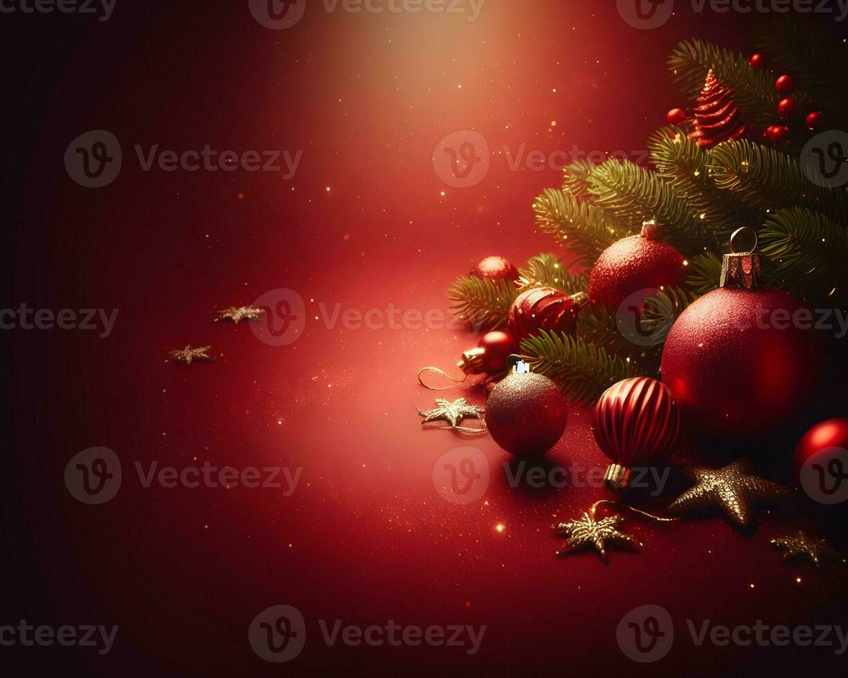 Christmas decorations on red background, christmas greetings mockup. AI Generative photo