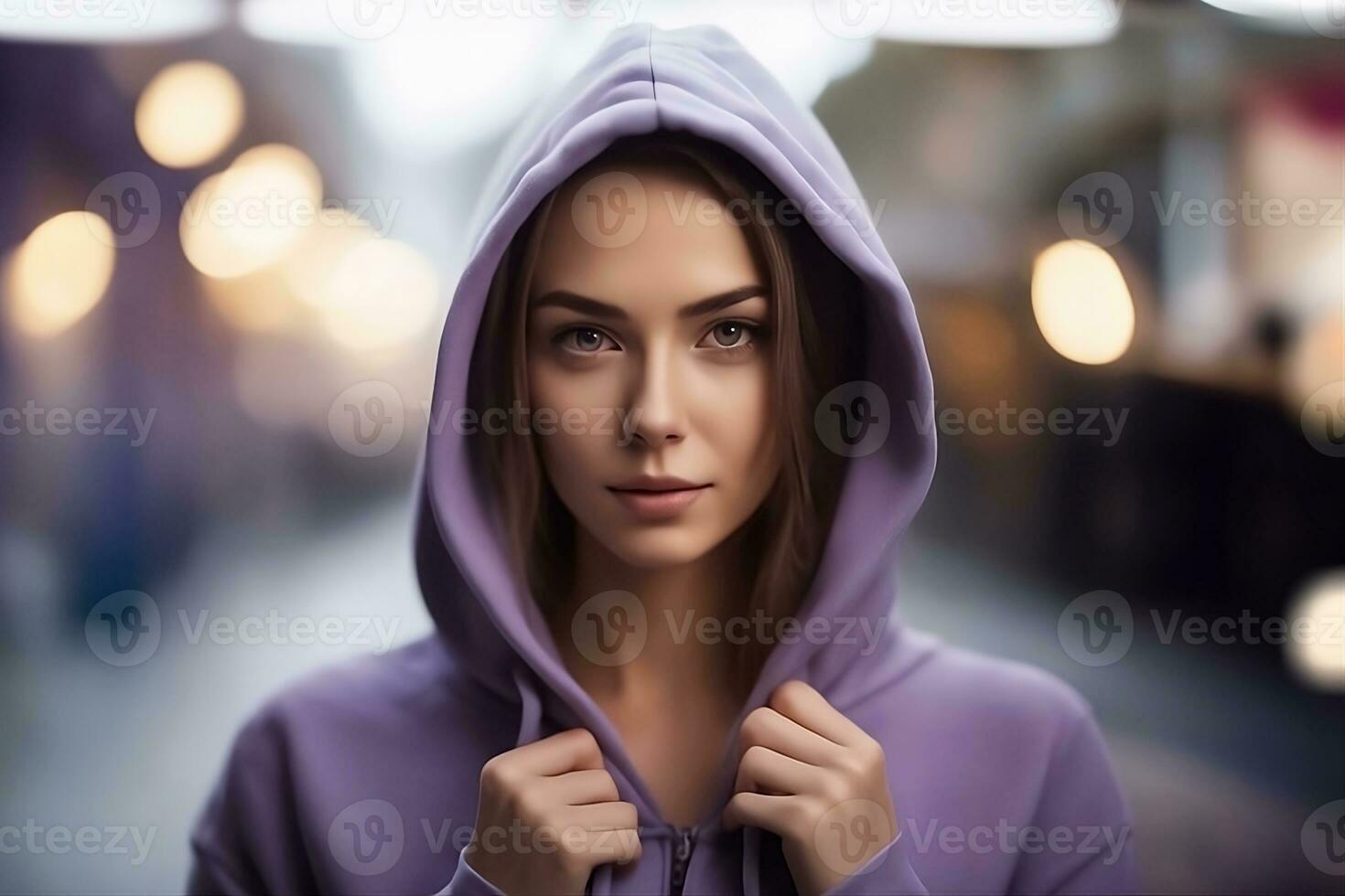 Image of woman in violet hoodie standing outdoor. AI Generative photo