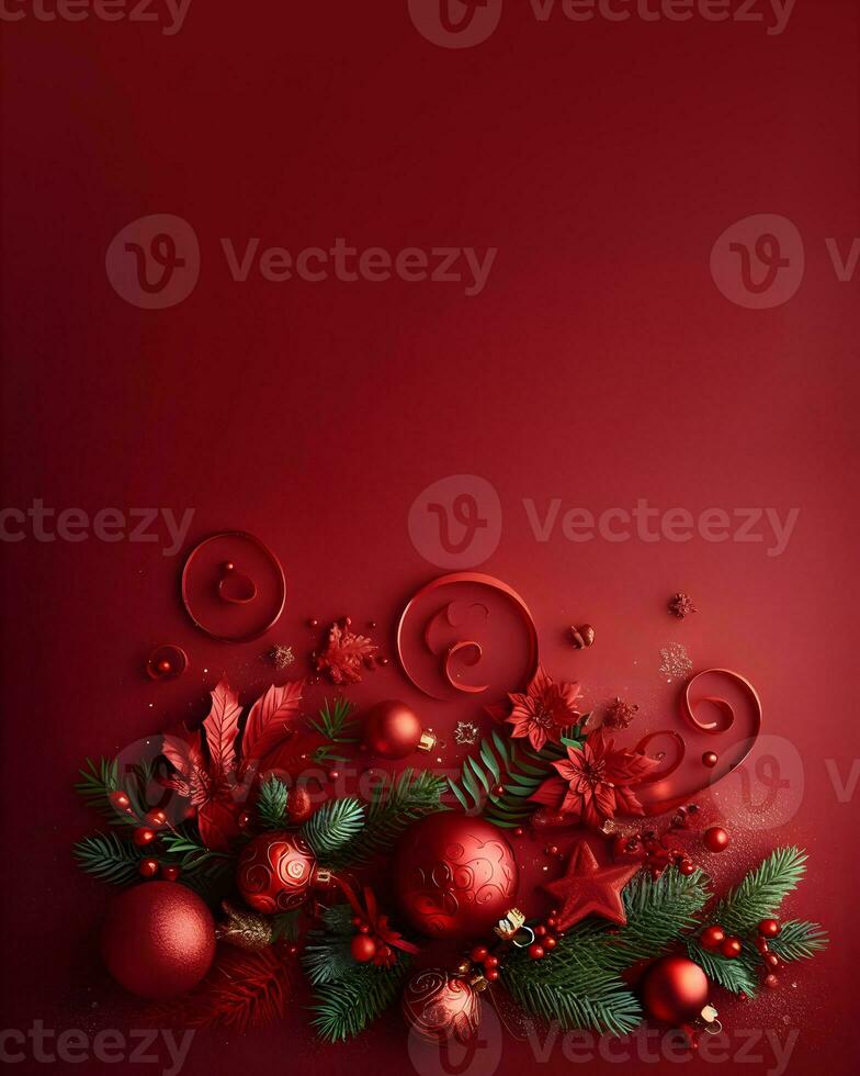 Christmas decorations on red background, christmas greetings mockup. AI Generative photo