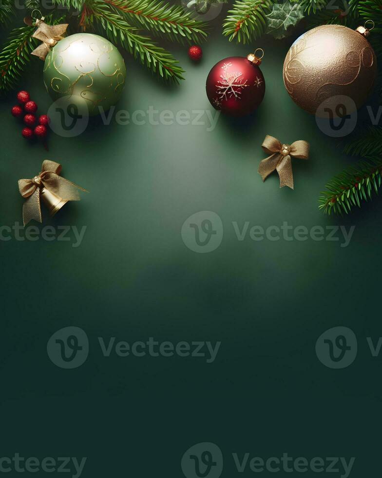 Christmas decorations on green background, christmas greetings mockup. AI Generative photo