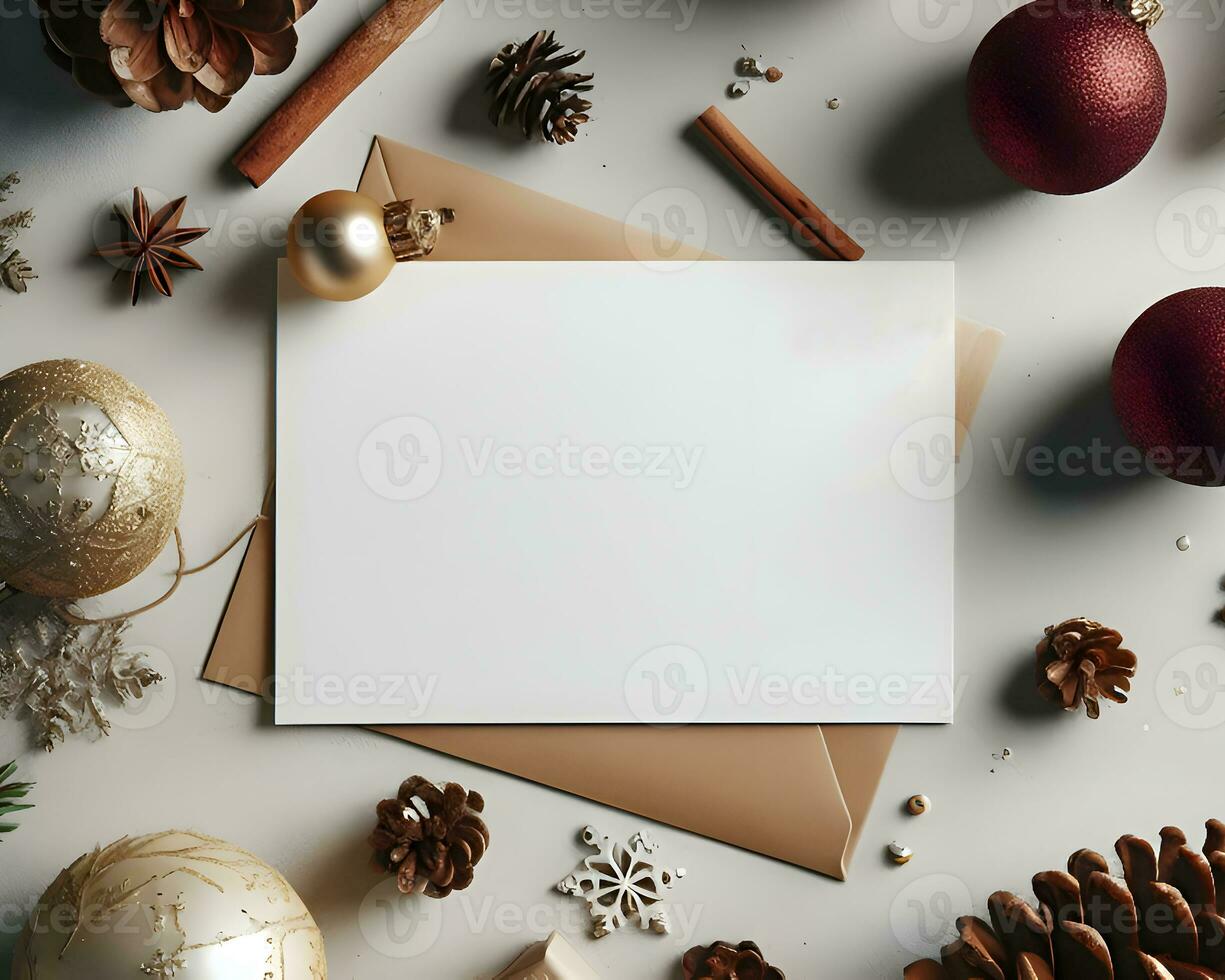 Blank white paper on white background with christmas ornaments around it.  AI Generative photo