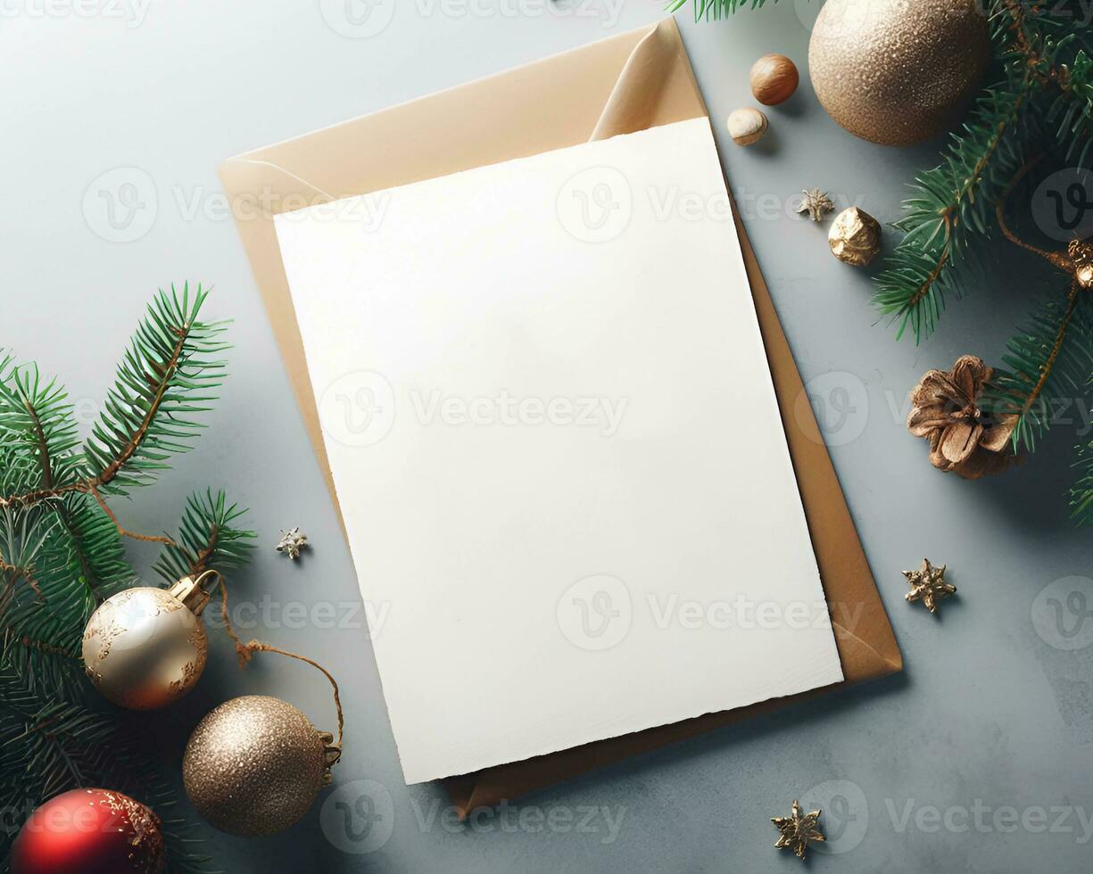 Blank white paper on white background with christmas ornaments around it.  AI Generative photo