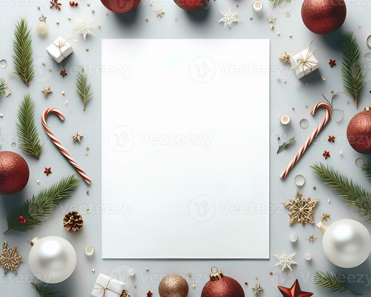 Blank white paper on white background with christmas ornaments around it.  AI Generative photo