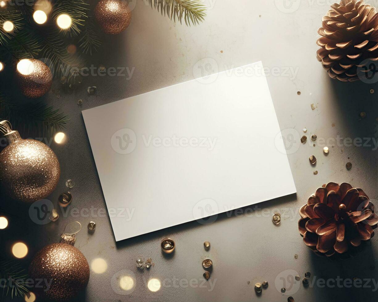 Blank white paper on white background with christmas ornaments around it.  AI Generative photo