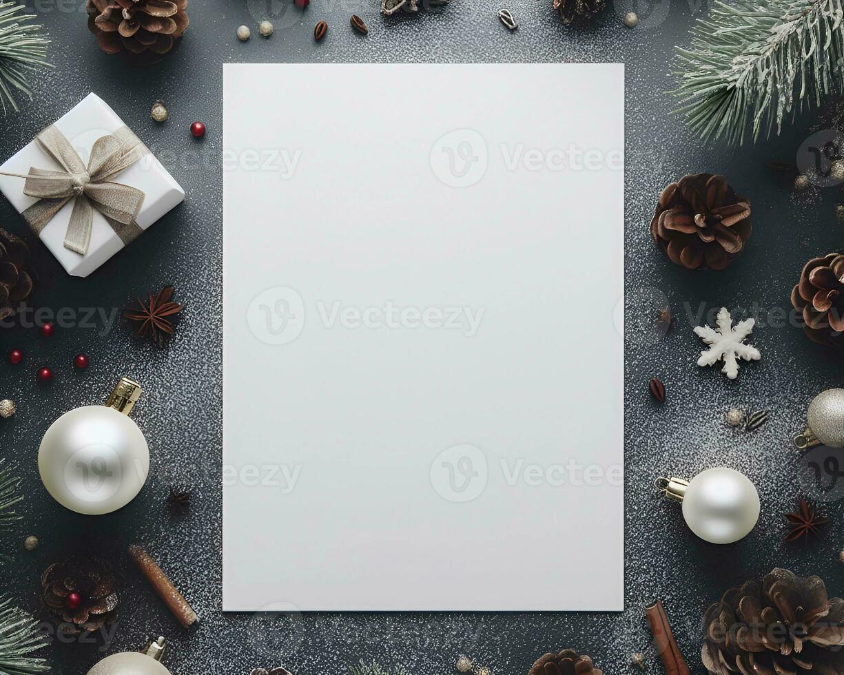 Blank white paper on grey background with christmas ornaments around it.  AI Generative photo