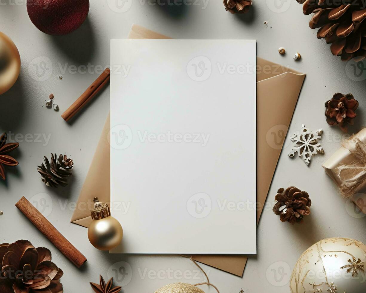 Blank white paper on white background with christmas ornaments around it.  AI Generative photo