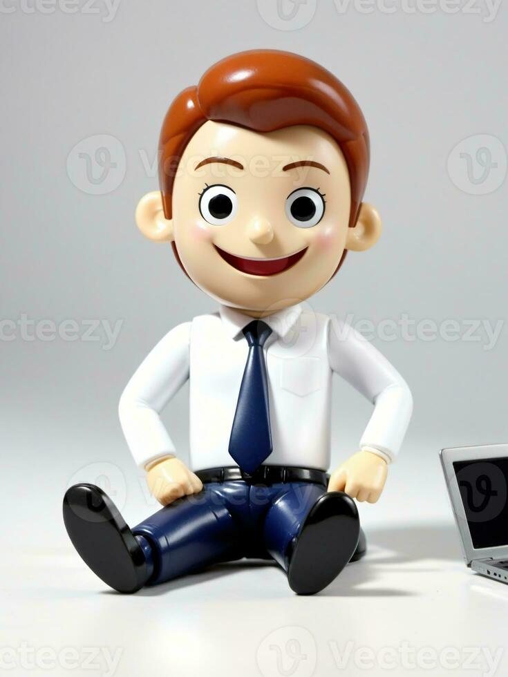 A 3D Toy Cartoon Businessman Working On Laptop And Lying Down On Floor On A White Background. AI Generated photo