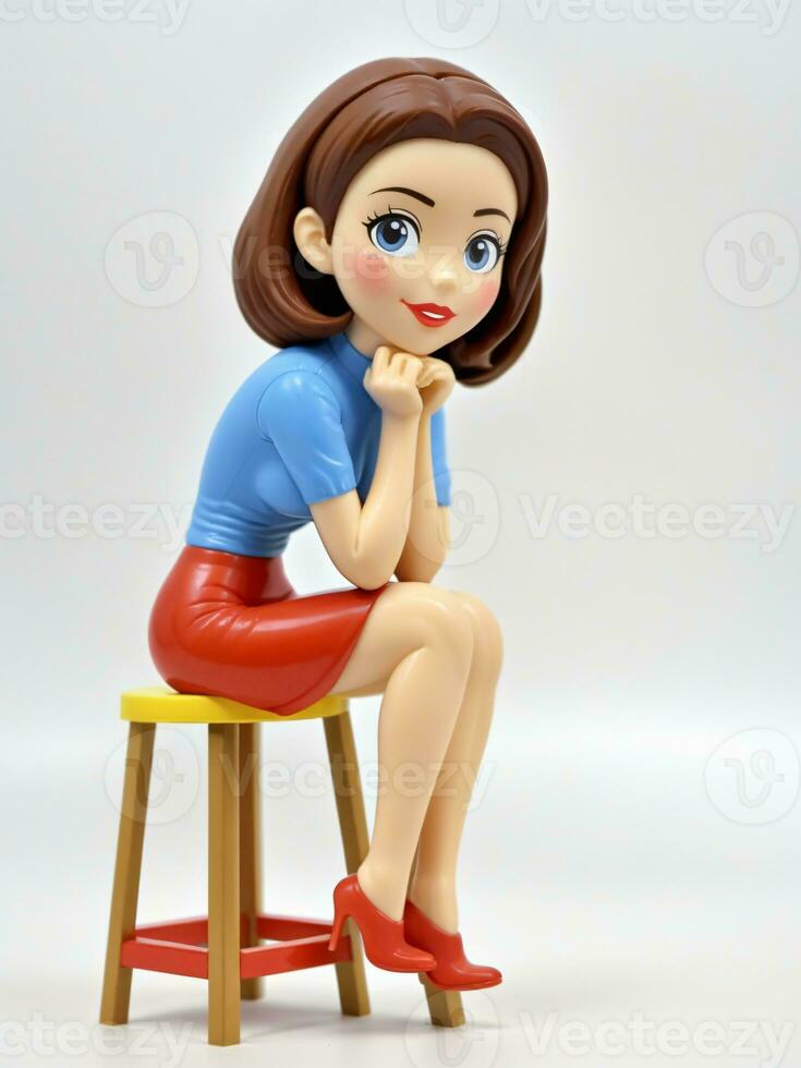 A 3D Toy Cartoon Woman Sitting On A Stool On A White Background. AI Generated photo