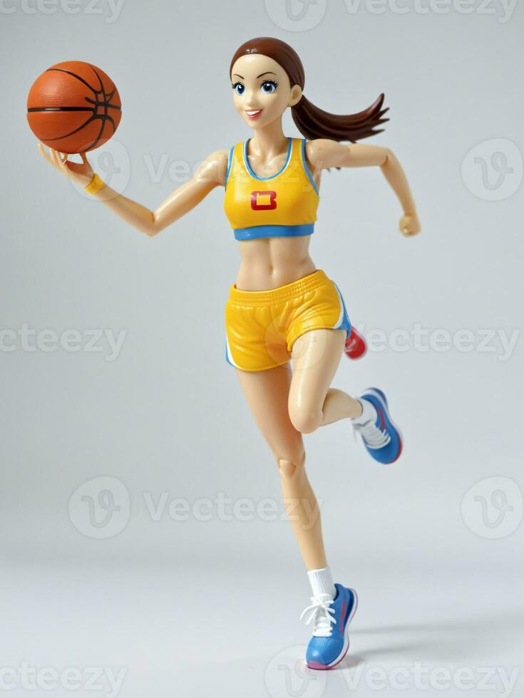 A 3D Toy Sporty Character Woman Running With Basketball On A White Background. AI Generated photo