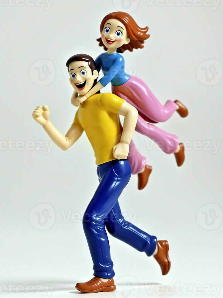 A 3D Toy Cartoon Man Running With Woman On Back On A White Background. AI Generated photo