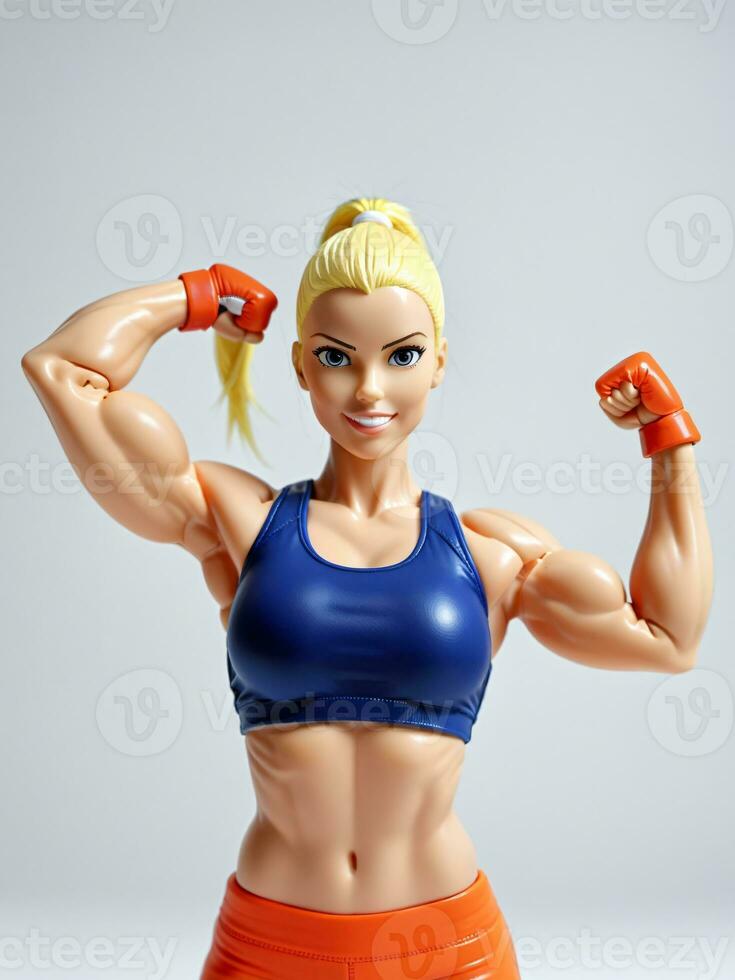 A 3D Toy Sporty Woman Flexing Arm Muscles On A White Background. AI Generated photo