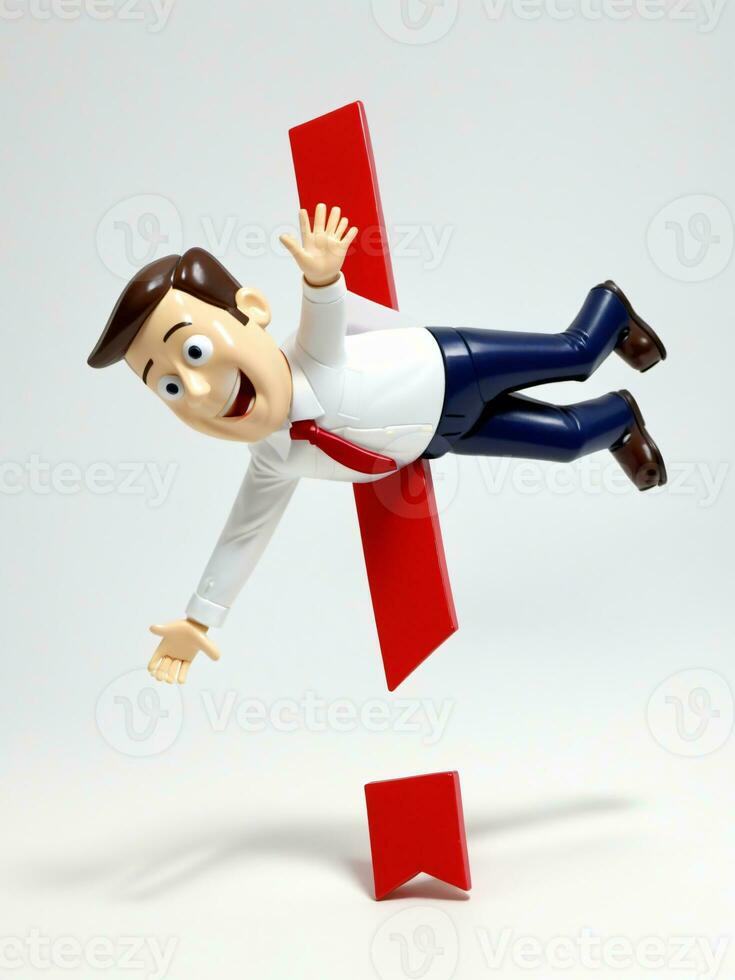 A 3D Toy Cartoon Businessman Falling Off Downward Arrow On A White Background. AI Generated photo