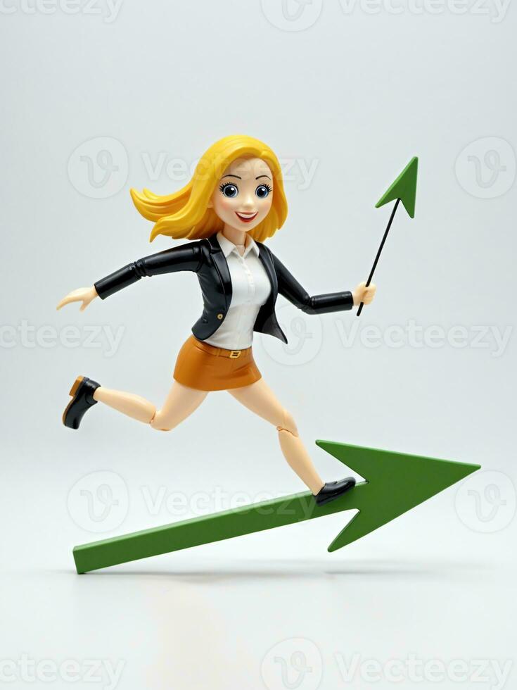 A 3D Toy Character Woman With Briefcase Running On Growing Arrow On A White Background. AI Generated photo