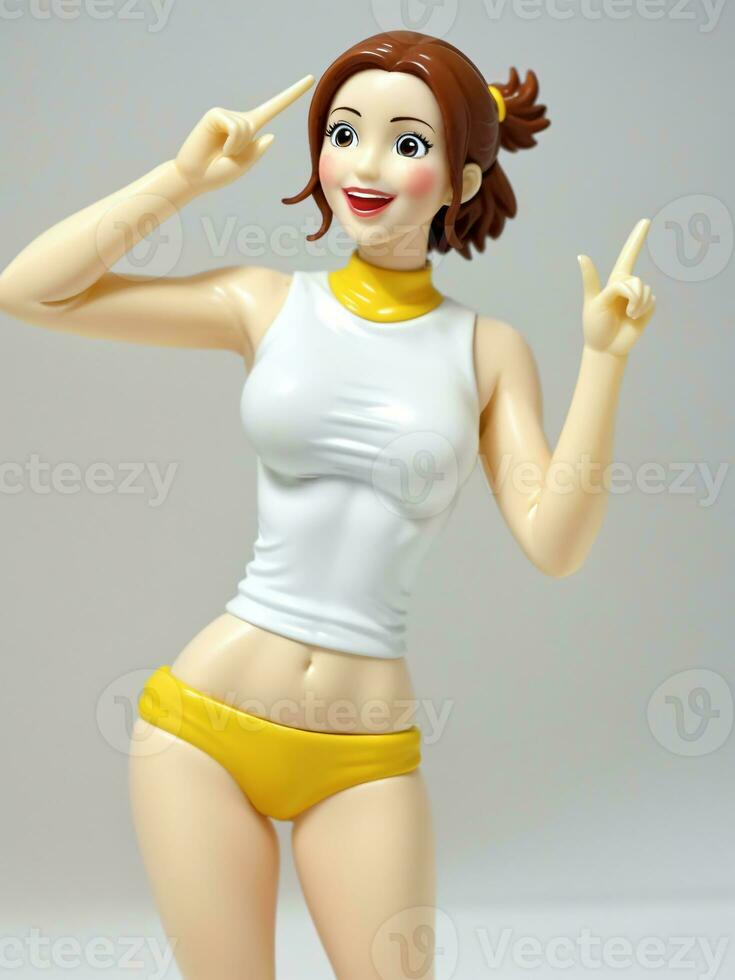 un 3d juguete dibujos animados mujer contento actitud en un blanco antecedentes. ai generado foto