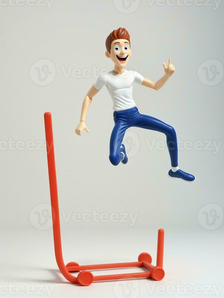 A 3D Toy Cartoon Man Jumping Over Hurdle On A White Background. AI Generated photo