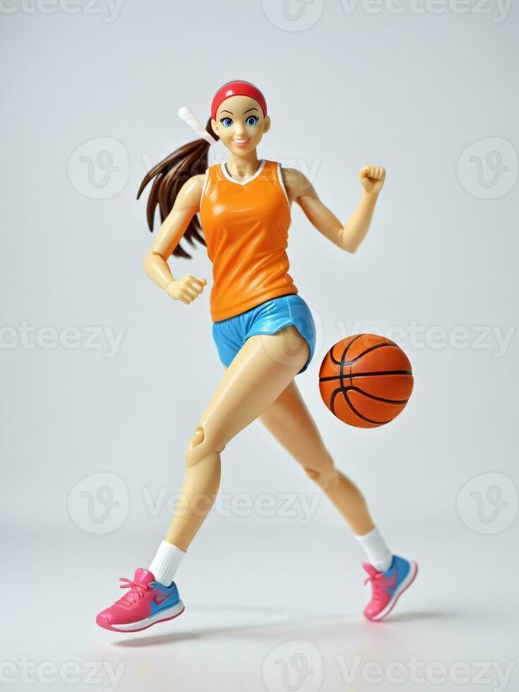 A 3D Toy Sporty Character Woman Running With Basketball On A White Background. AI Generated photo