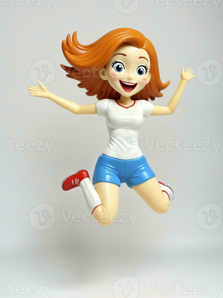 A 3D Toy Cartoon Woman Jumping For Joy On A White Background. AI Generated photo