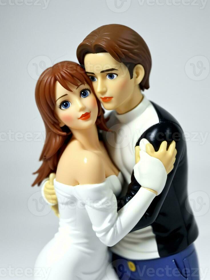 un 3d juguete personaje mujer propensión en hombre hombro en un blanco antecedentes. ai generado foto