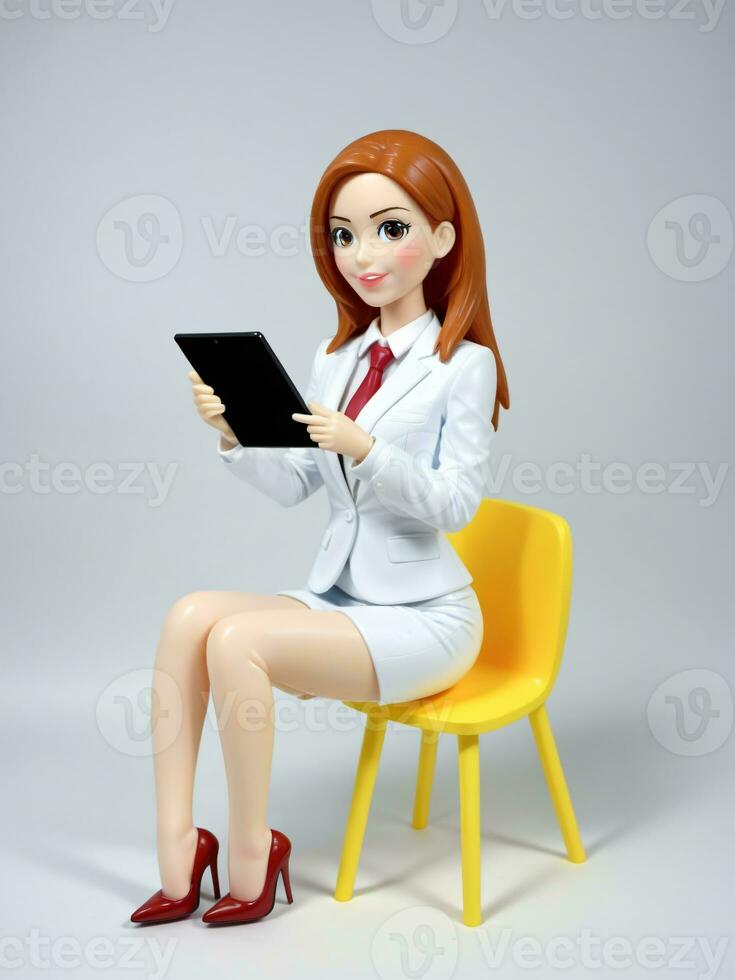 A 3D Toy Cartoon Businesswoman Sitting On Stool With Tablet On A White Background. AI Generated photo
