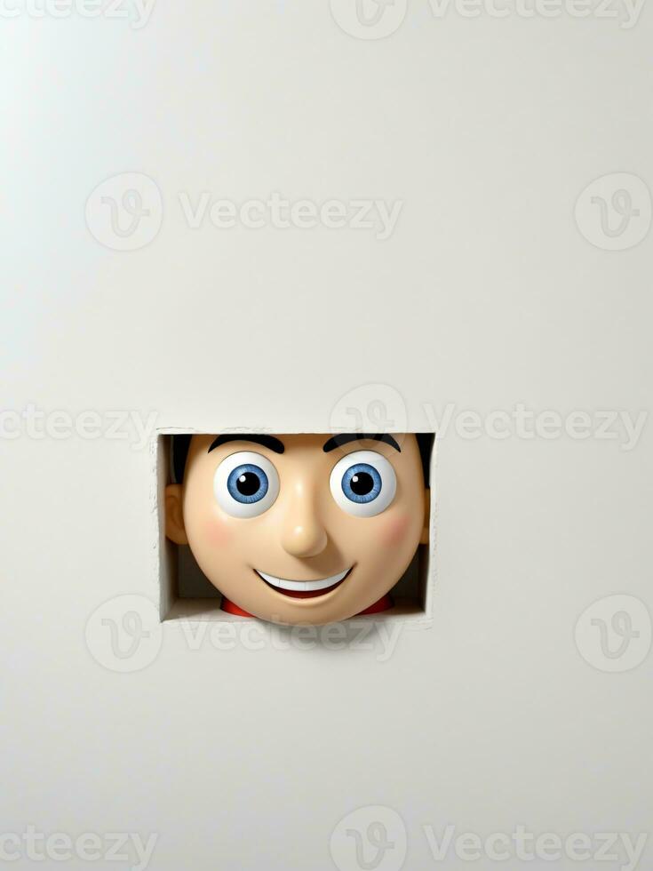 A 3D Toy Cartoon Man Peeking Out From Behind Wall On A White Background. AI Generated photo