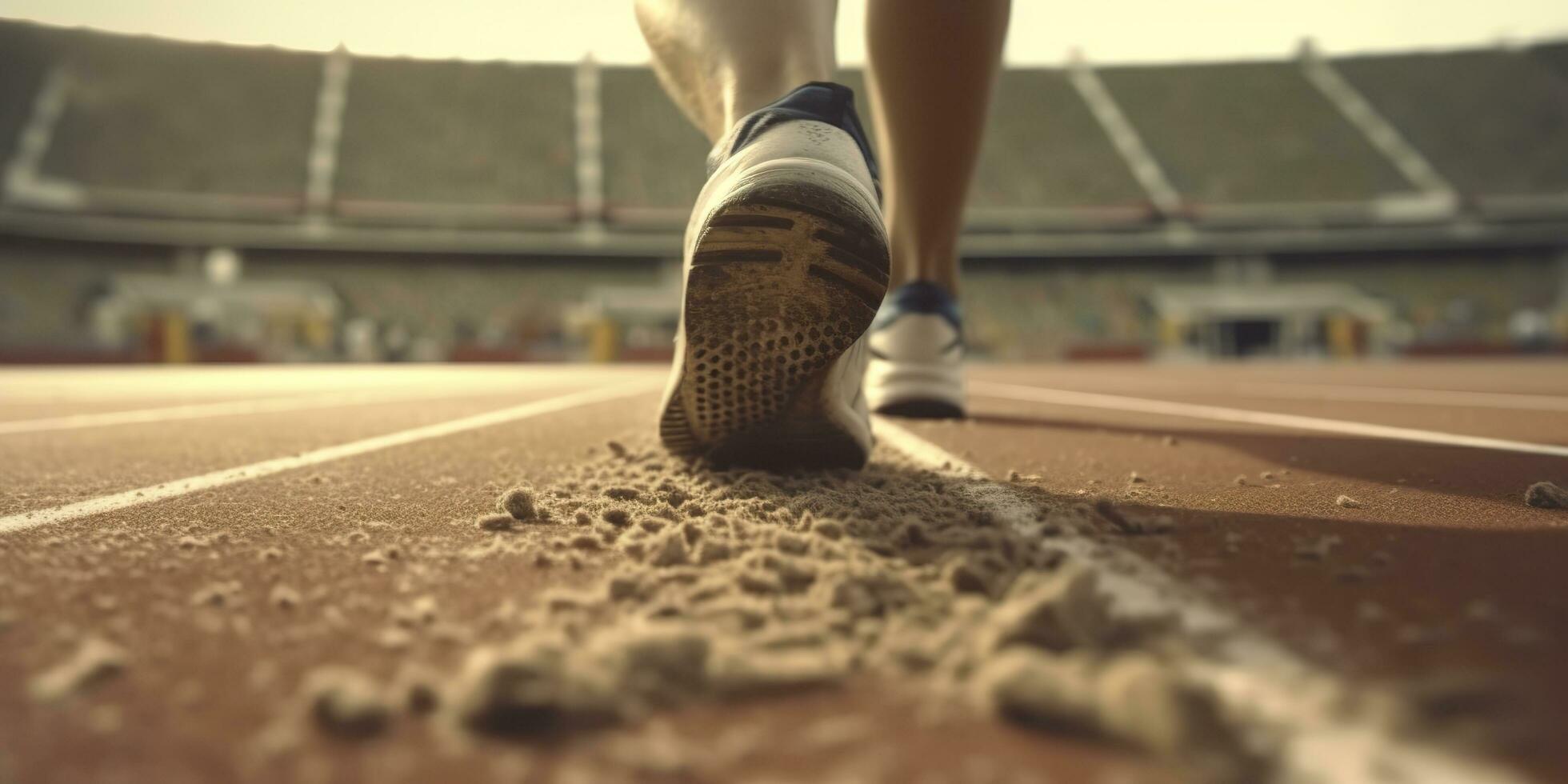 Runner feet running on a stadium, closeup on feet, sports background, space for copy, AI Generative photo