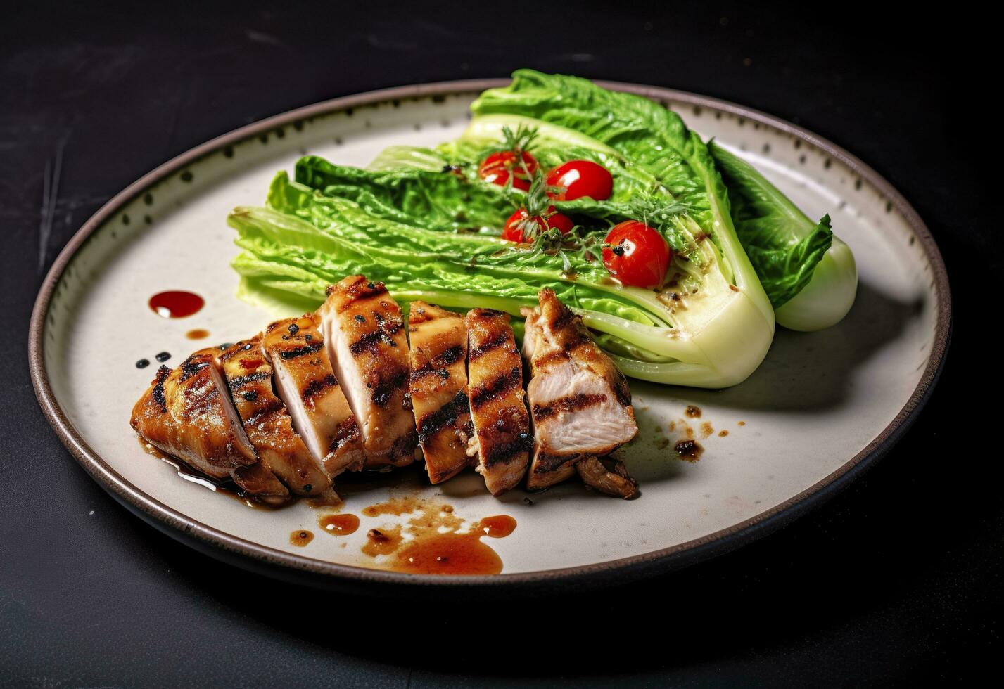 Chicken grill meat served with pak choi vegetables on a plate. Generative AI photo
