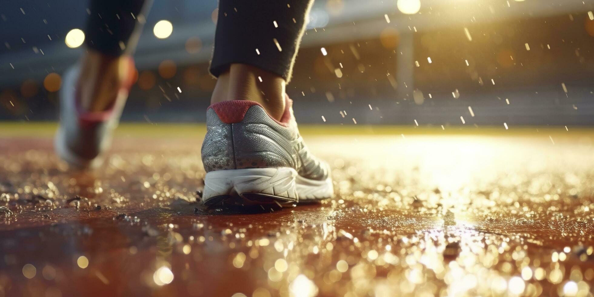 Runner feet running on a stadium, closeup on feet, sports background, space for copy, AI Generative photo