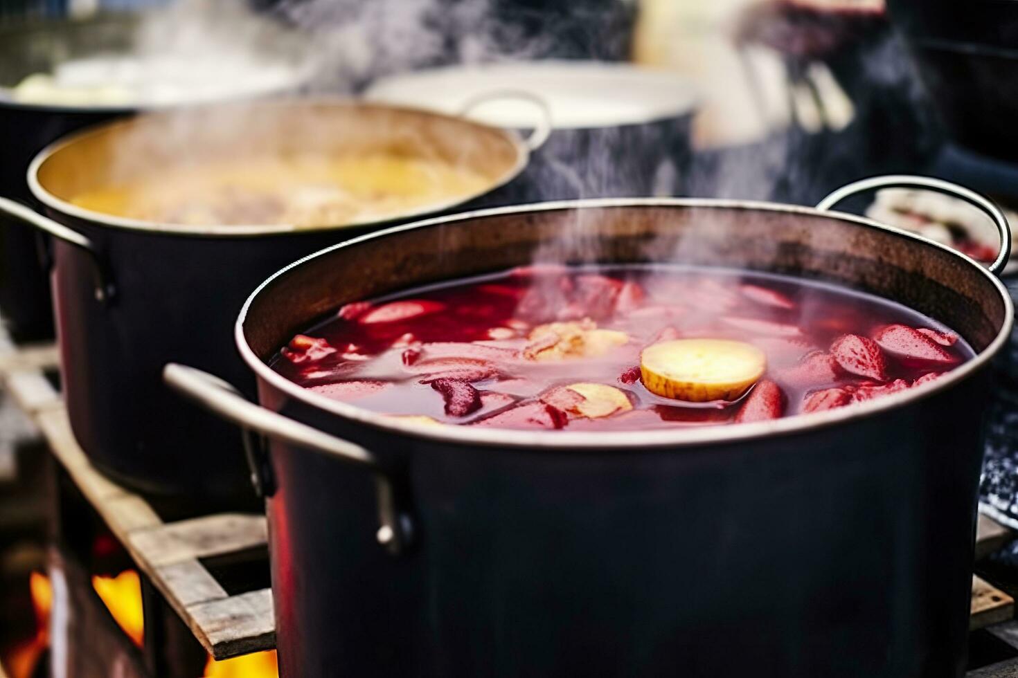 Beverages fruits and berries hot mulled wine in pots with steam in street food market. Generative AI photo