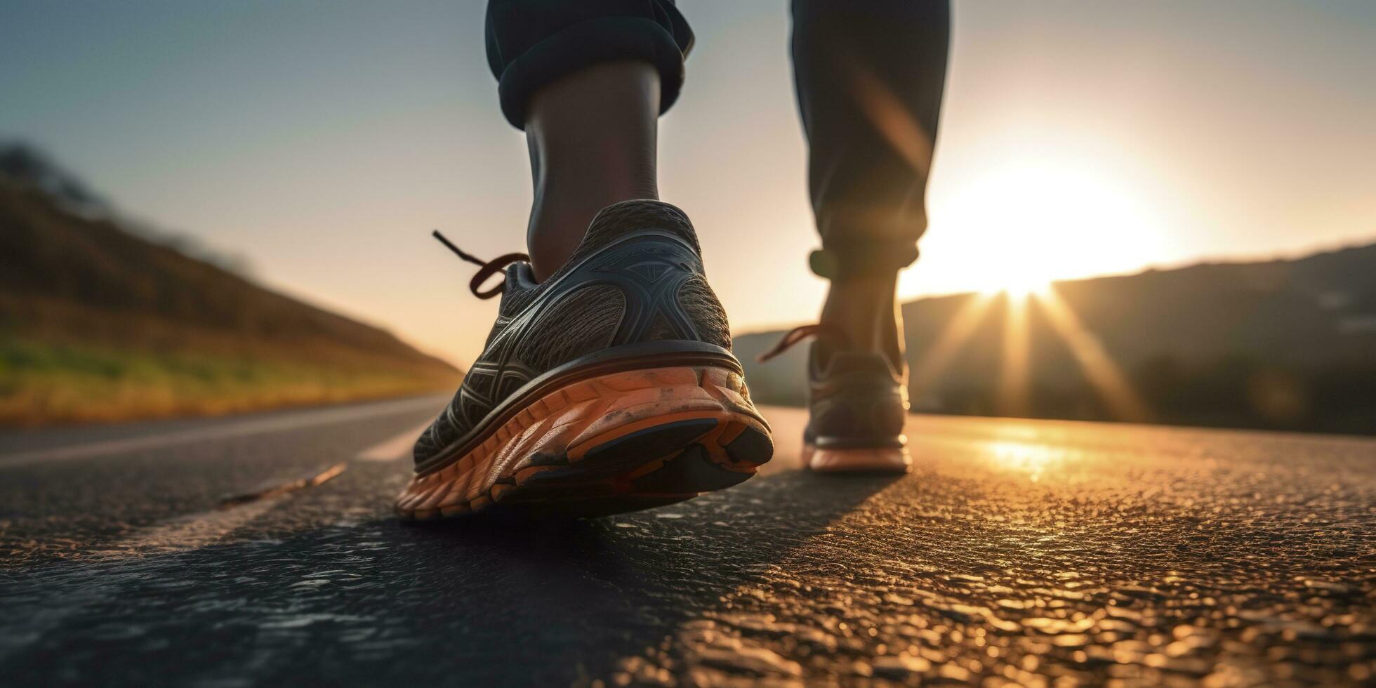 Close up on the shoe, Runner athlete feet running on the road under sunlight in the morning. AI Generative photo