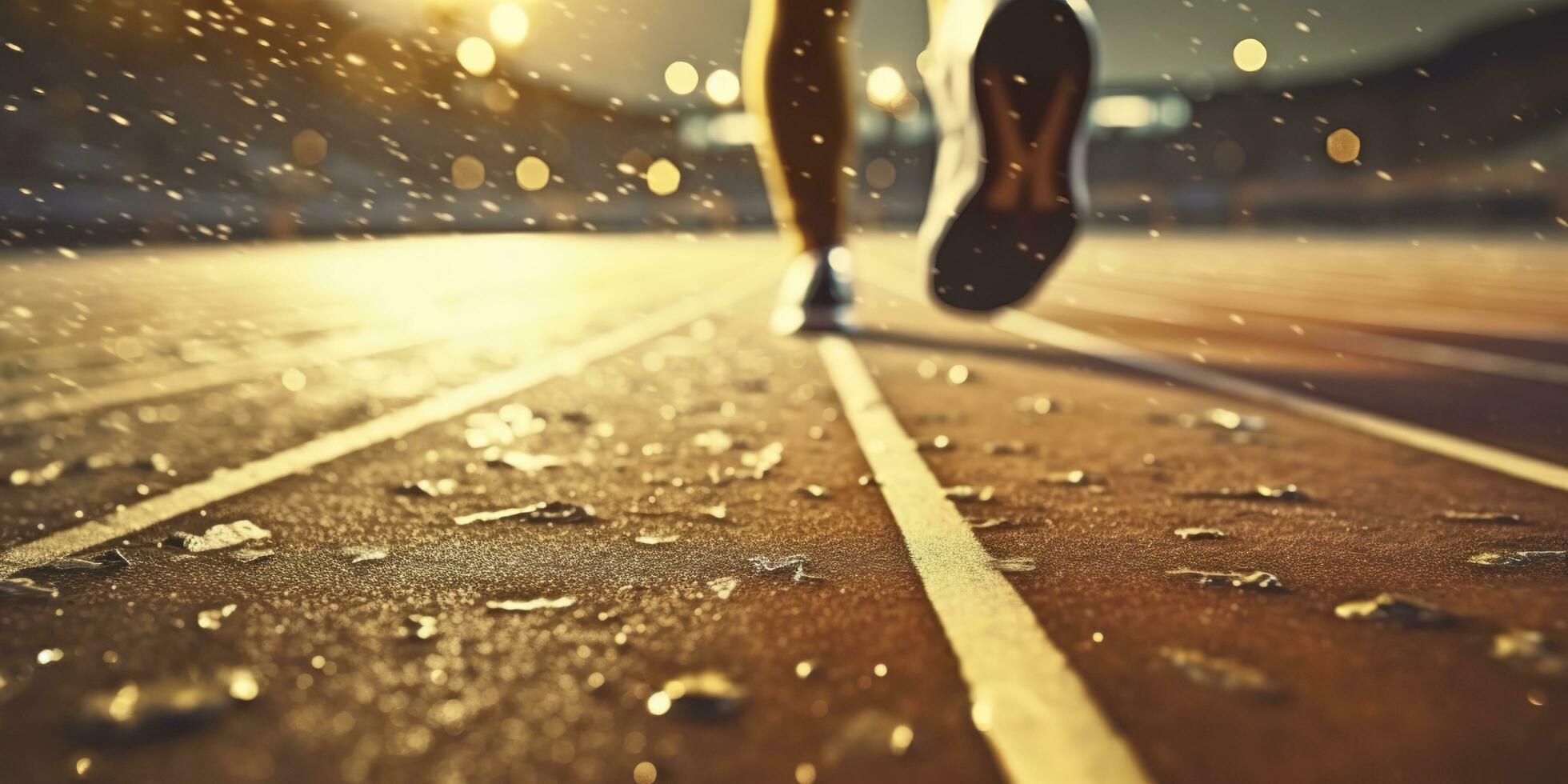 corredor pies corriendo en un estadio, de cerca en pies, Deportes fondo, espacio para Copiar, ai generativo foto