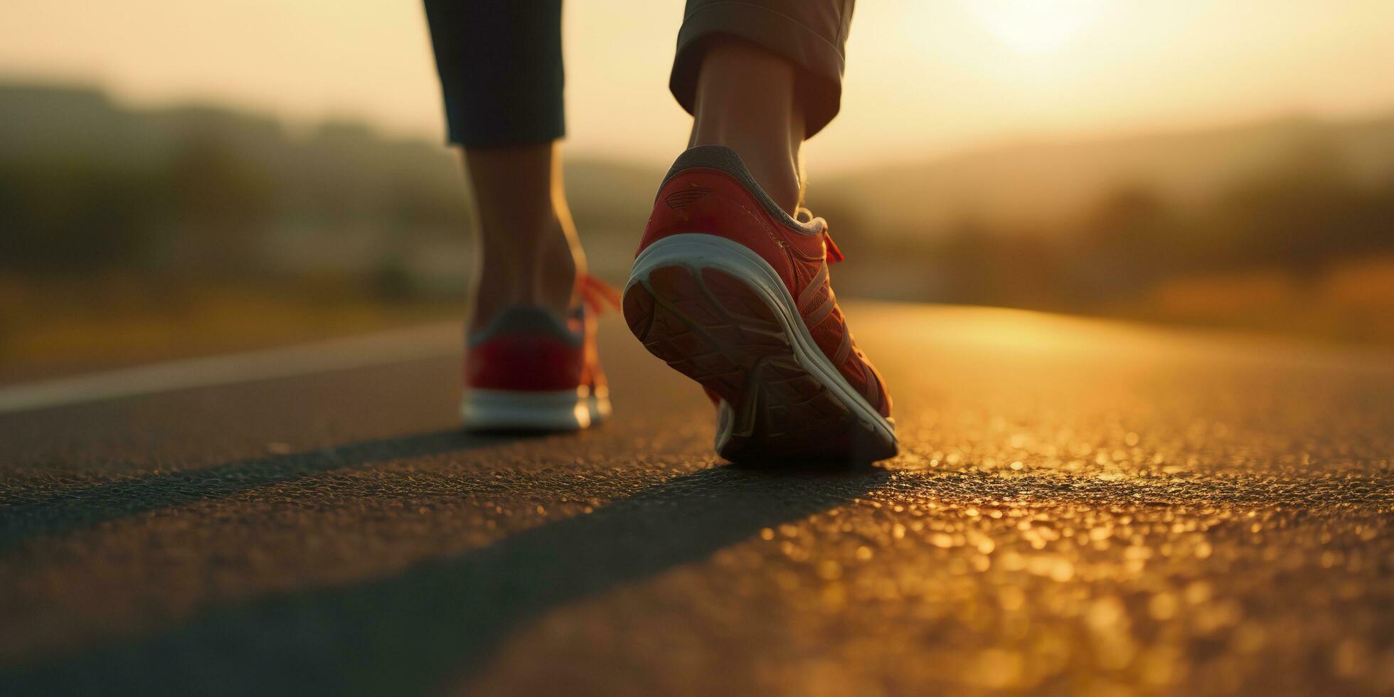 cerca arriba en el zapato, corredor atleta pies corriendo en el la carretera debajo luz de sol en el Mañana. ai generativo foto