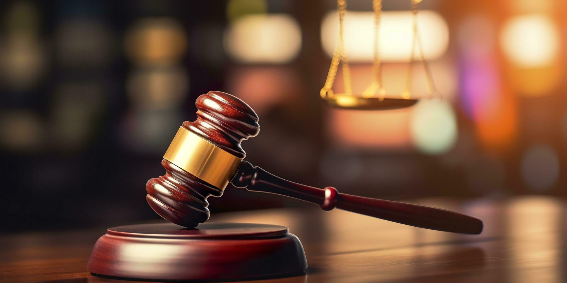 Legal law concept image gavel bokeh. law and authority lawyer concept, judgment gavel hammer in court courtroom for crime judgment legislation and judicial decision. AI Generative photo