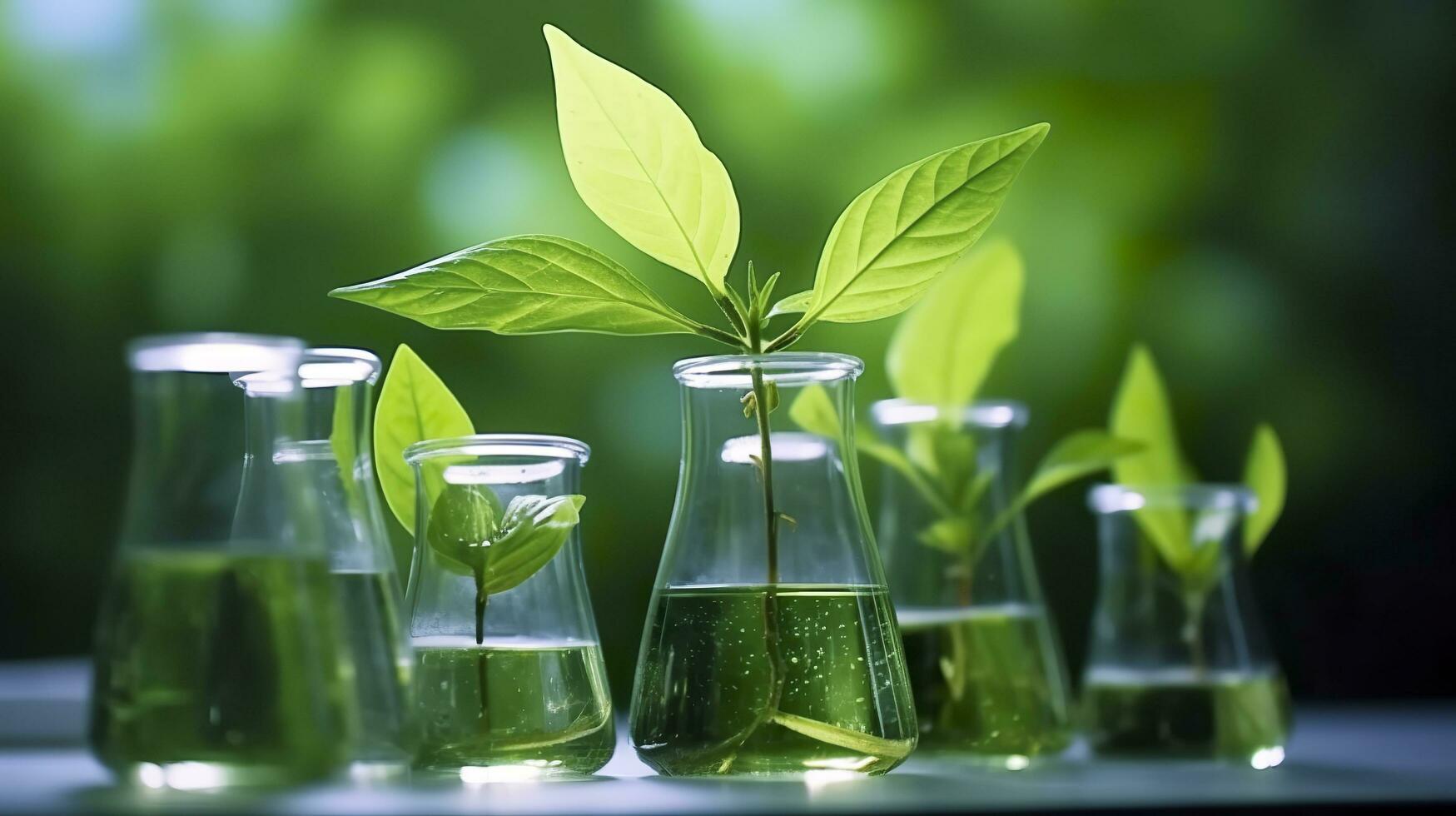 Biotechnology concept with green plant leaves, laboratory glassware, and conducting research, illustrating the powerful combination of nature and science in medical advancements.  AI Generative photo