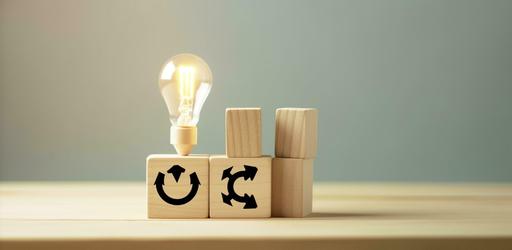 Creative idea, solution and innovation concept. Idea generation for business development. Wooden cube blocks with light bulb and cycle icons on clean background and copy space. AI Generative photo