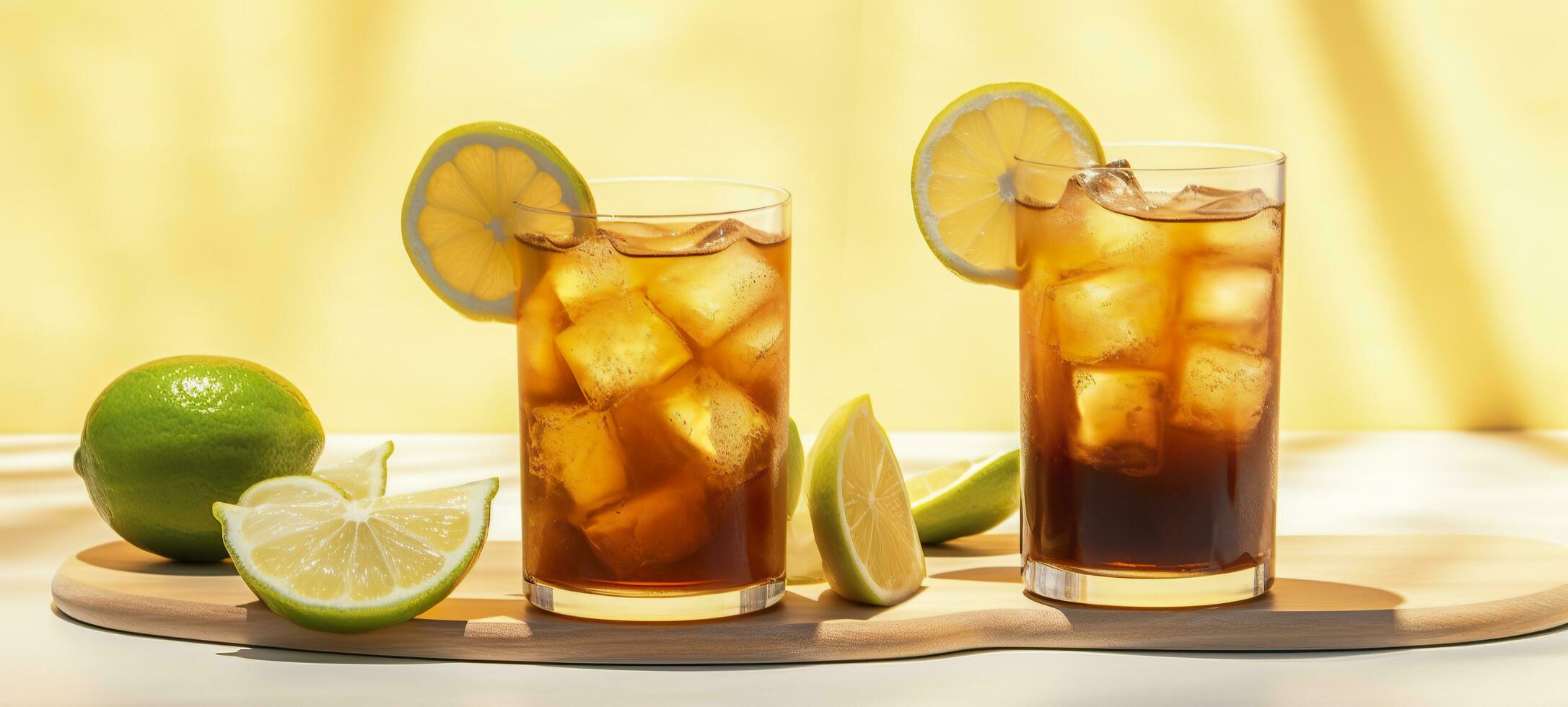 Glasses of tasty Long Island iced tea on light background. AI Generative photo