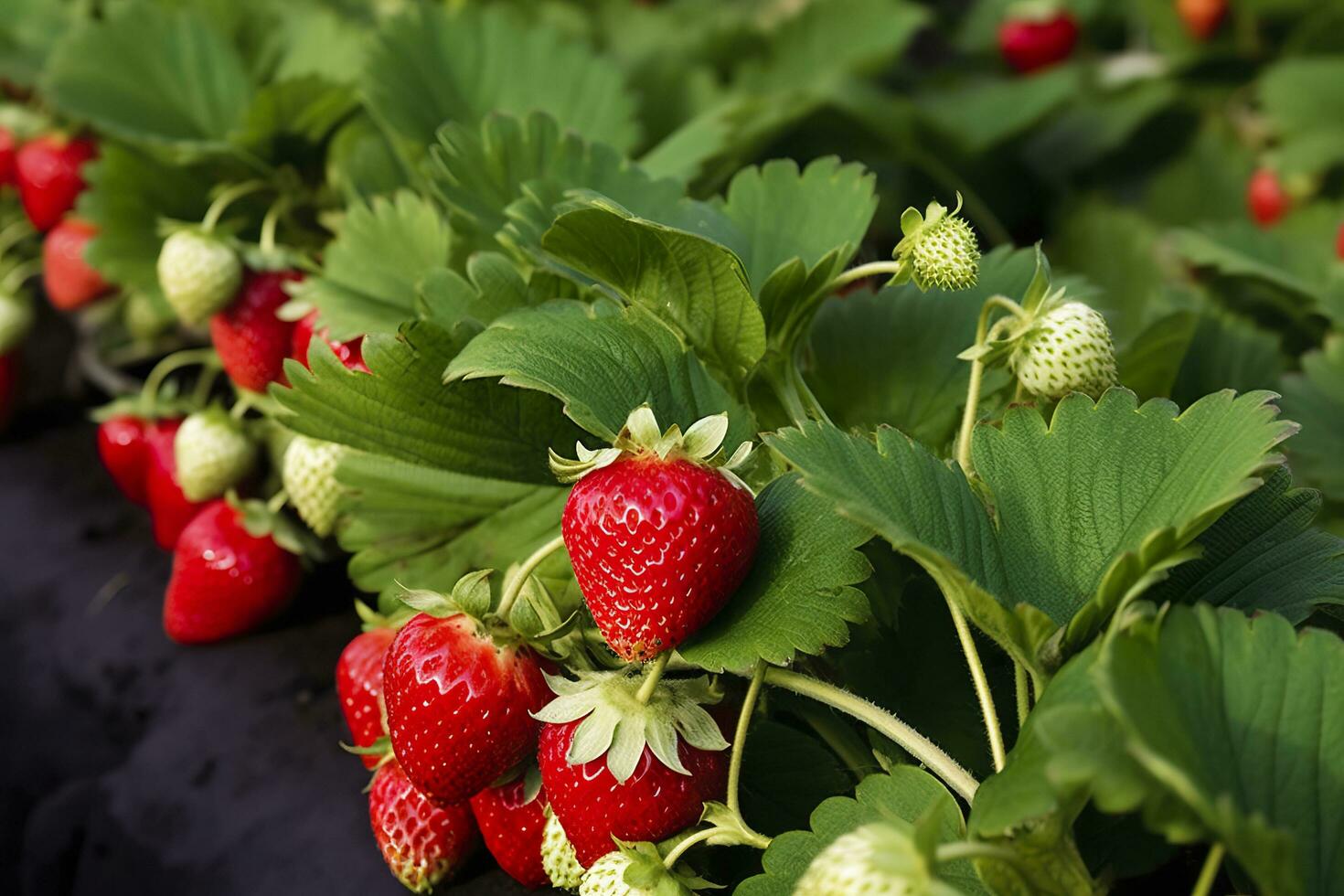 Bush of ripe organic strawberries in the garden. Berry closeup. Generative AI photo