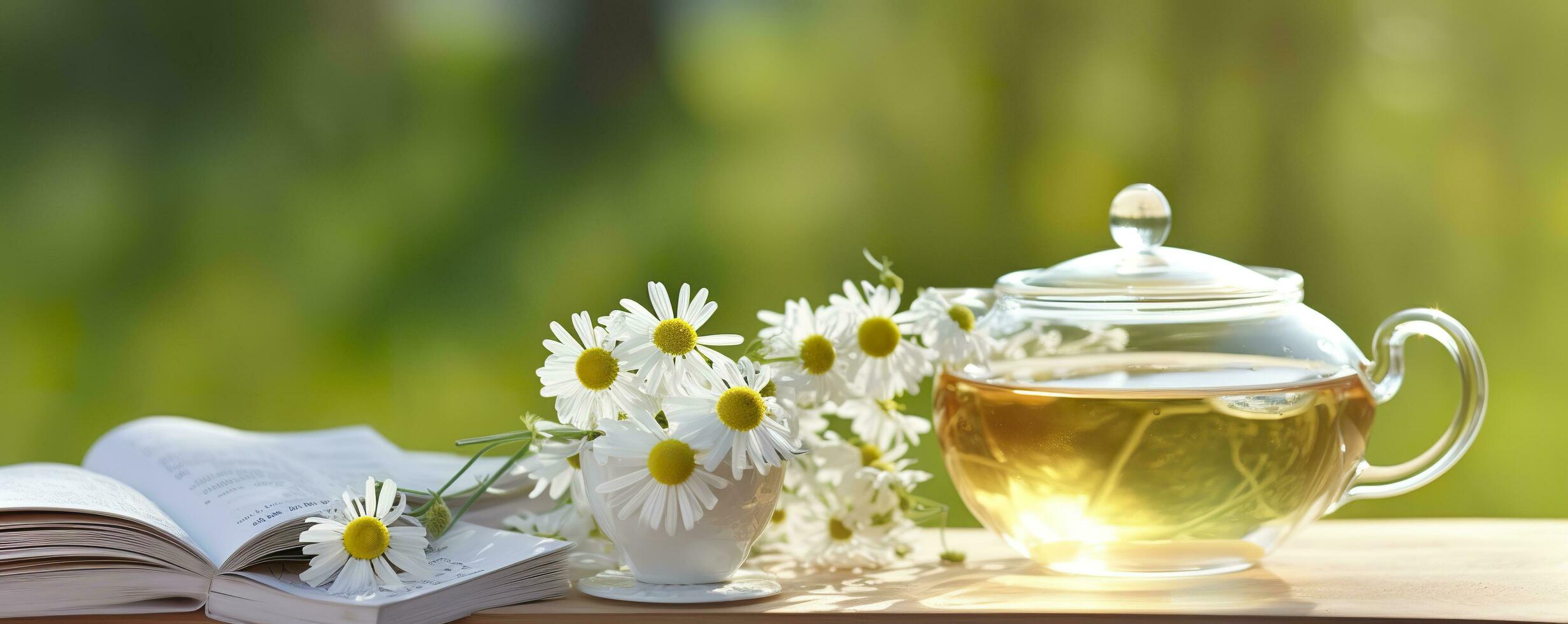 Chamomile flowers, books, a glass teapot, and a cup of herbal tea on a table closeup. Generative AI photo