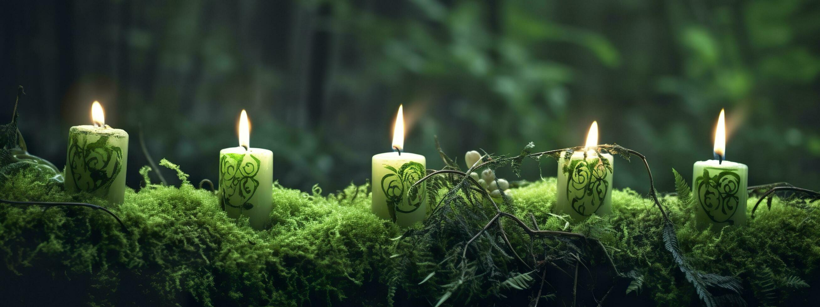 Burning candles on moss, dark green blurred the natural background. Magic candle. Generative AI photo