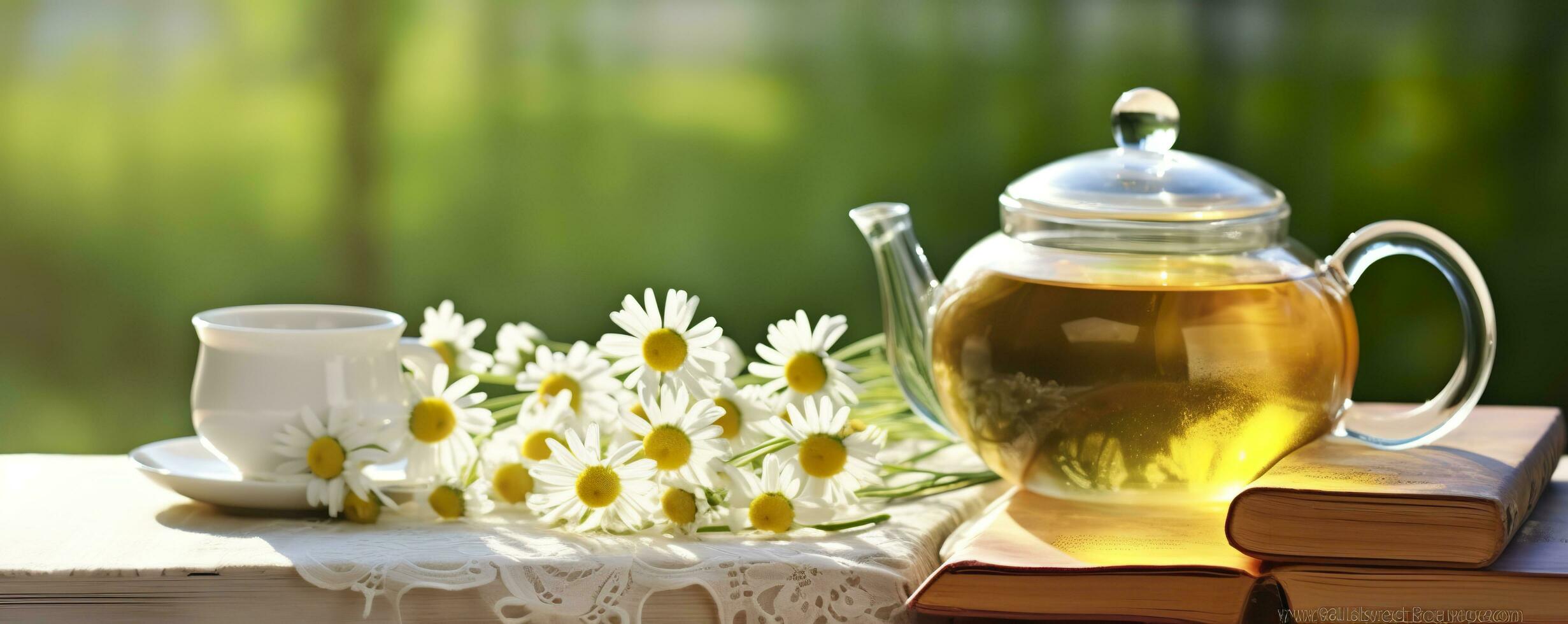 Chamomile flowers, books, a glass teapot, and a cup of herbal tea on a table closeup. Generative AI photo