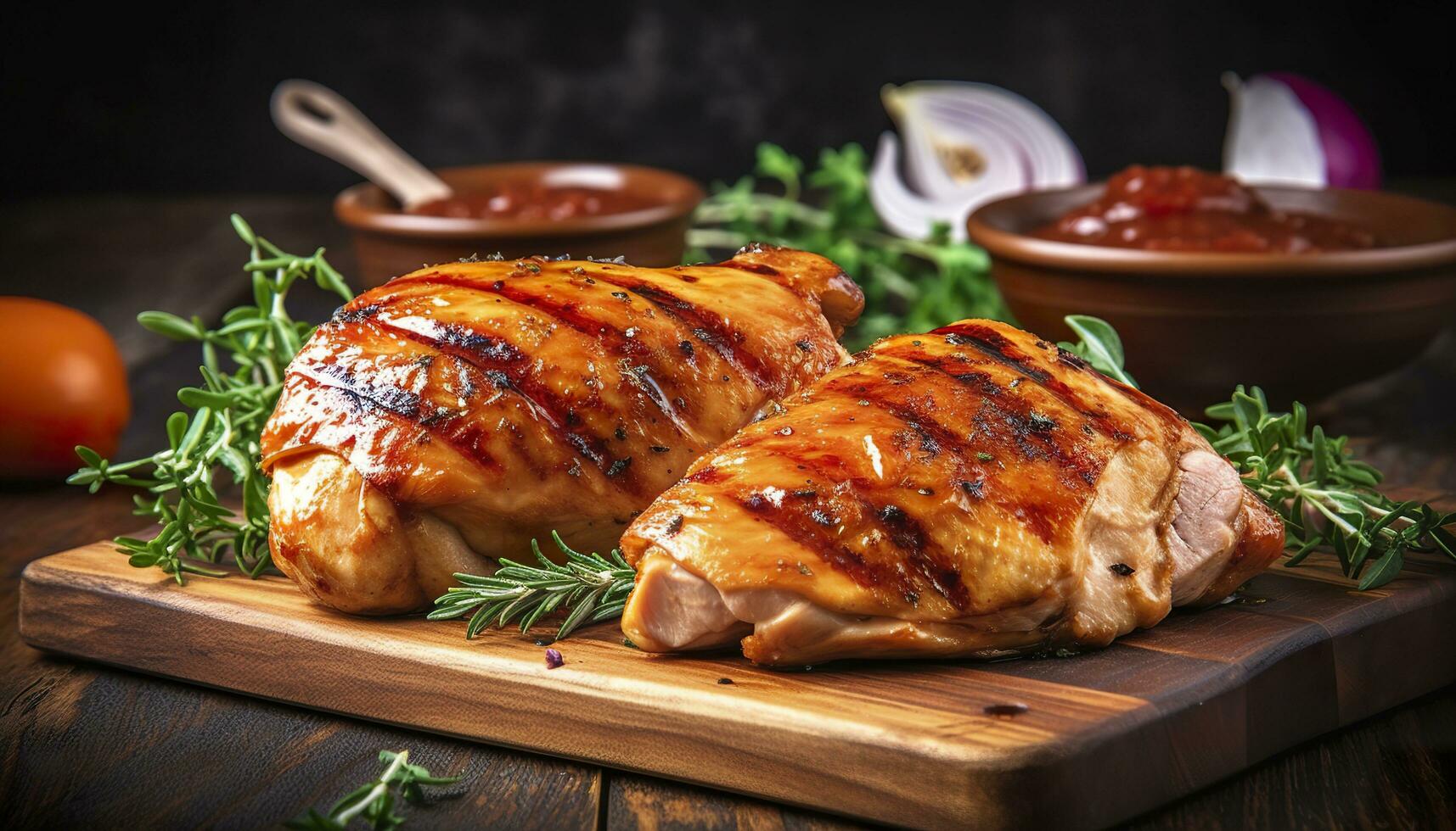 Closeup of tasty roast chicken breast served on wooden board. Grilled chicken. Generative AI photo