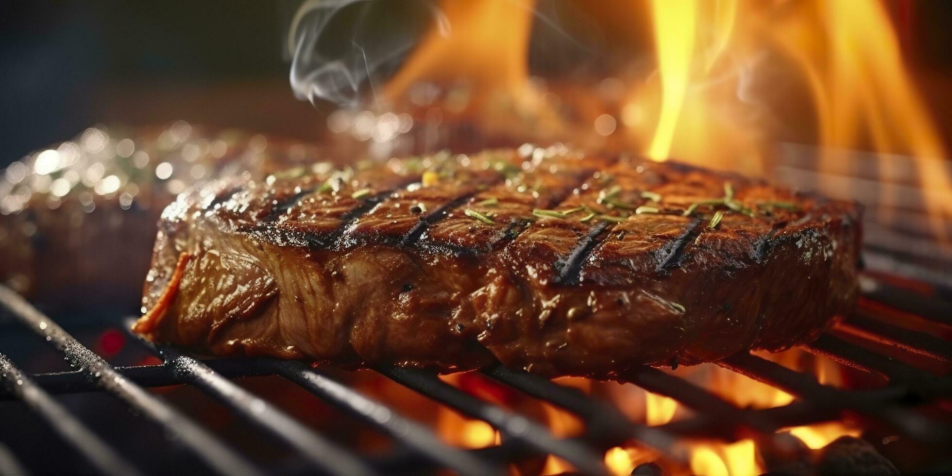 Beef ribeye steak grilling on a flaming grill. Generative AI photo