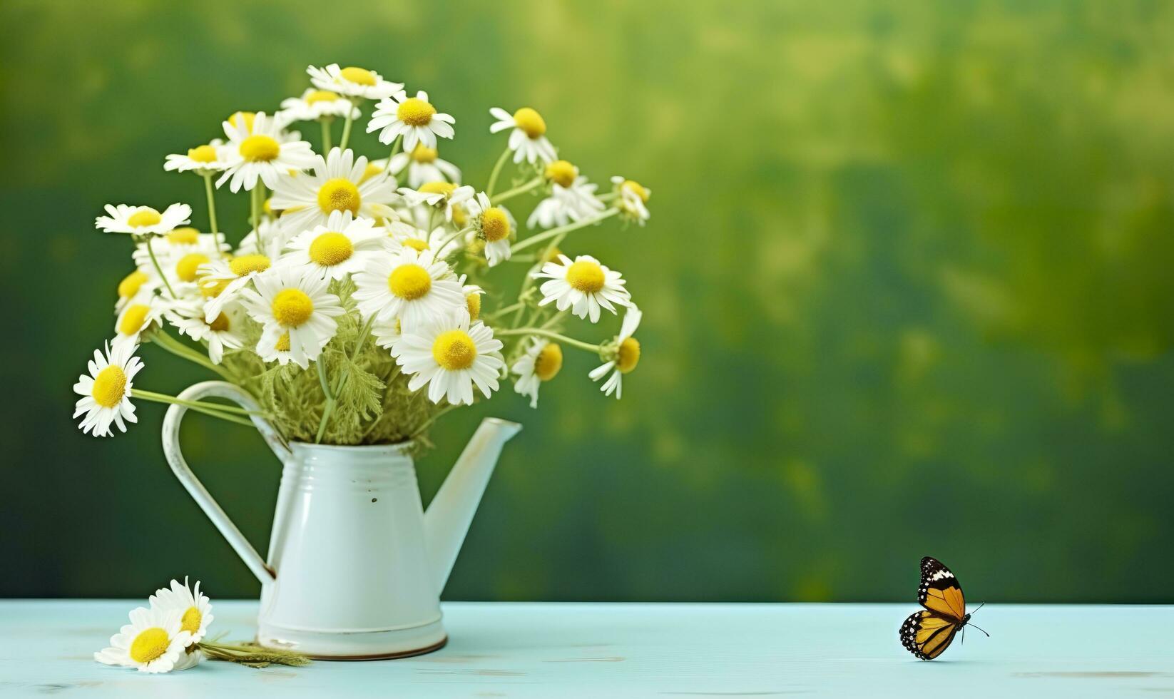 Chamomile flowers bouquet in watering can and butterfly on the table in the garden. Generative AI photo