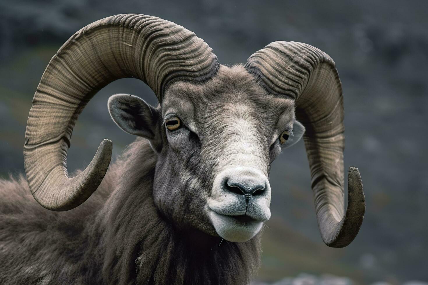 Close up of curious ram. Generative AI photo